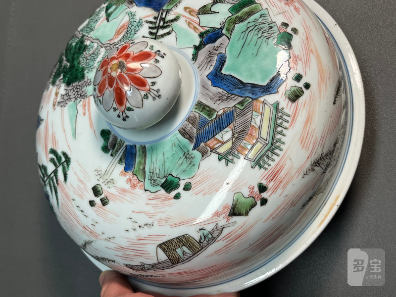 清康熙  五彩通景山水人物图盖罐 - 图19